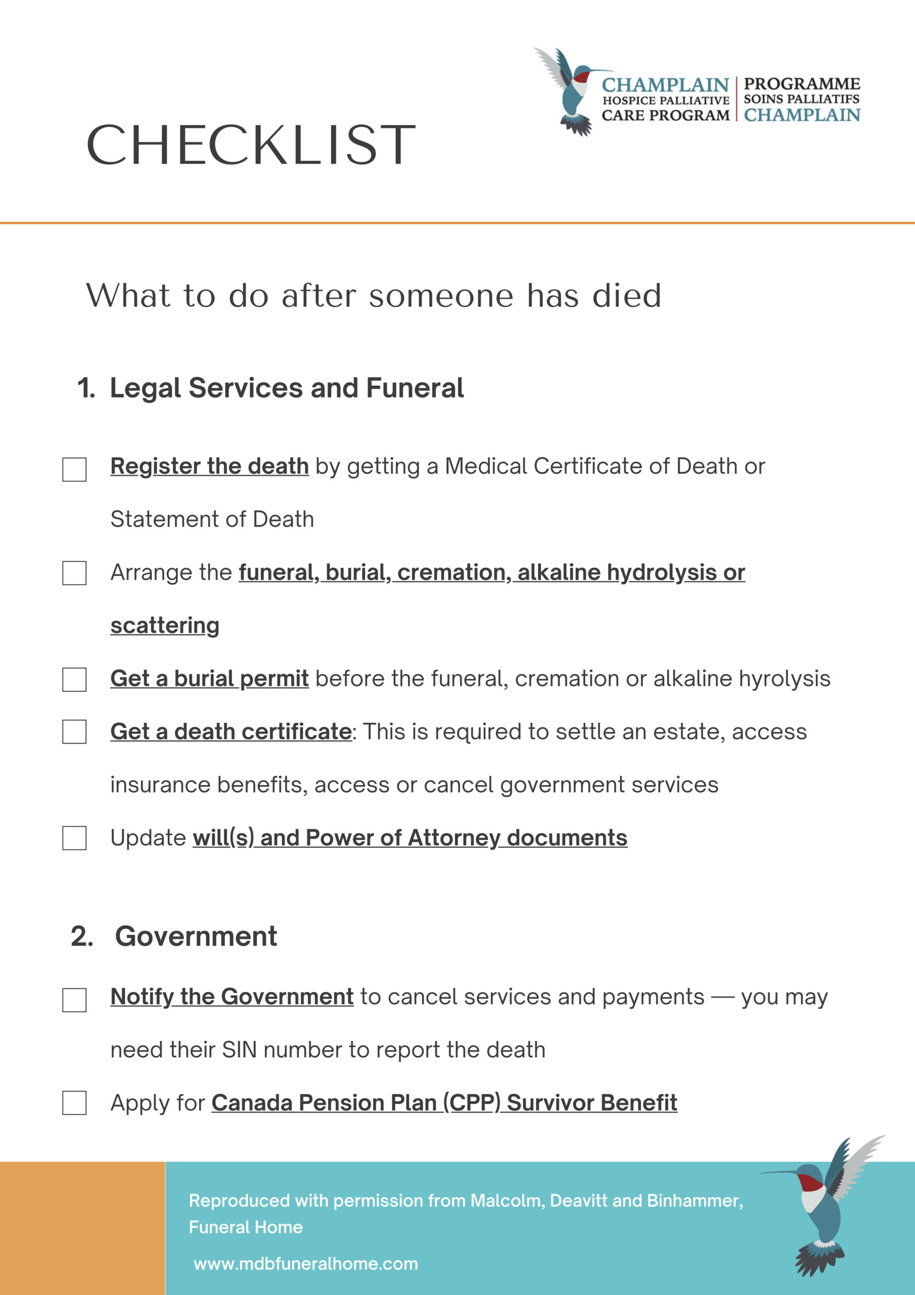 Checklist for what to do when someone dies