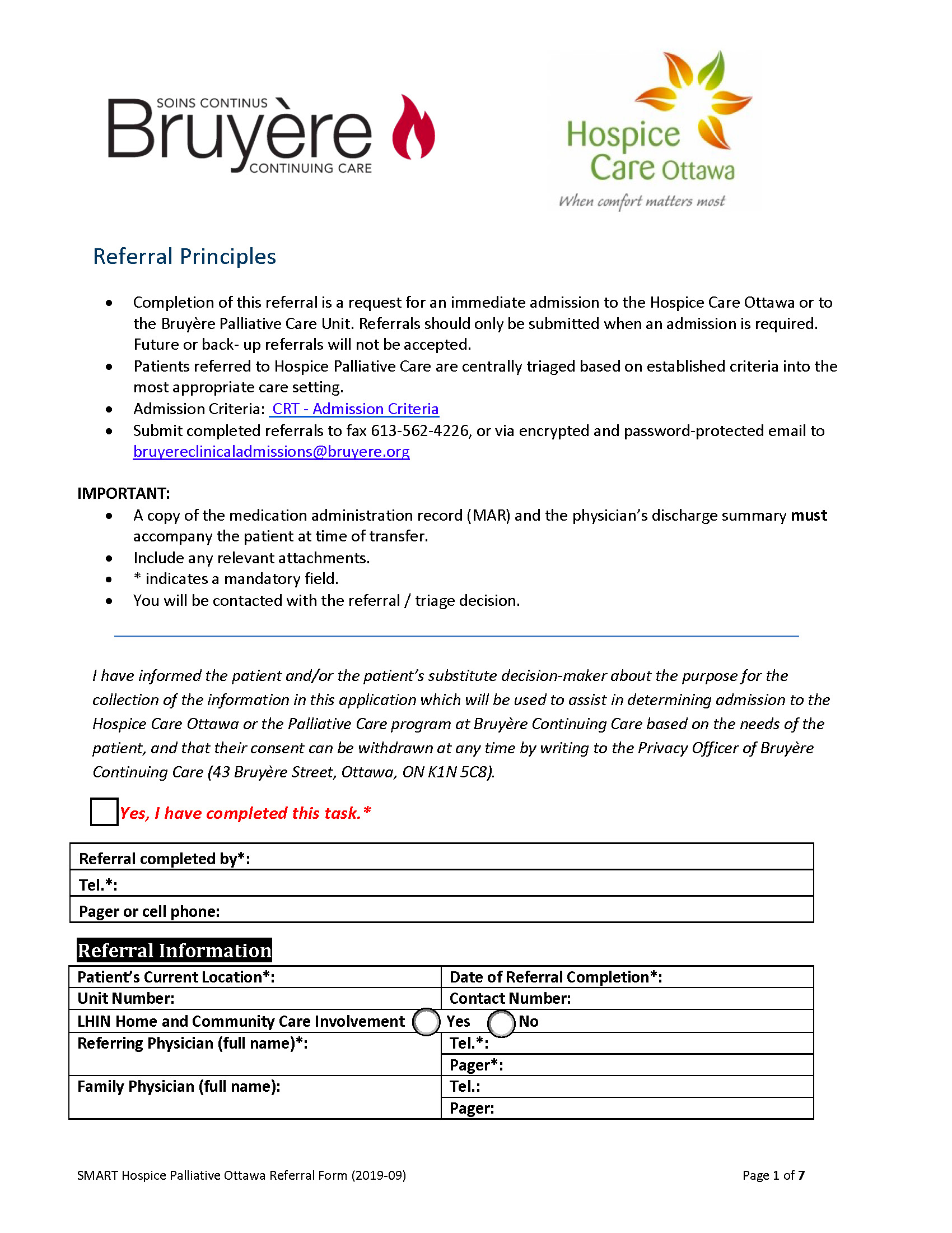 Hospice palliative care admission form