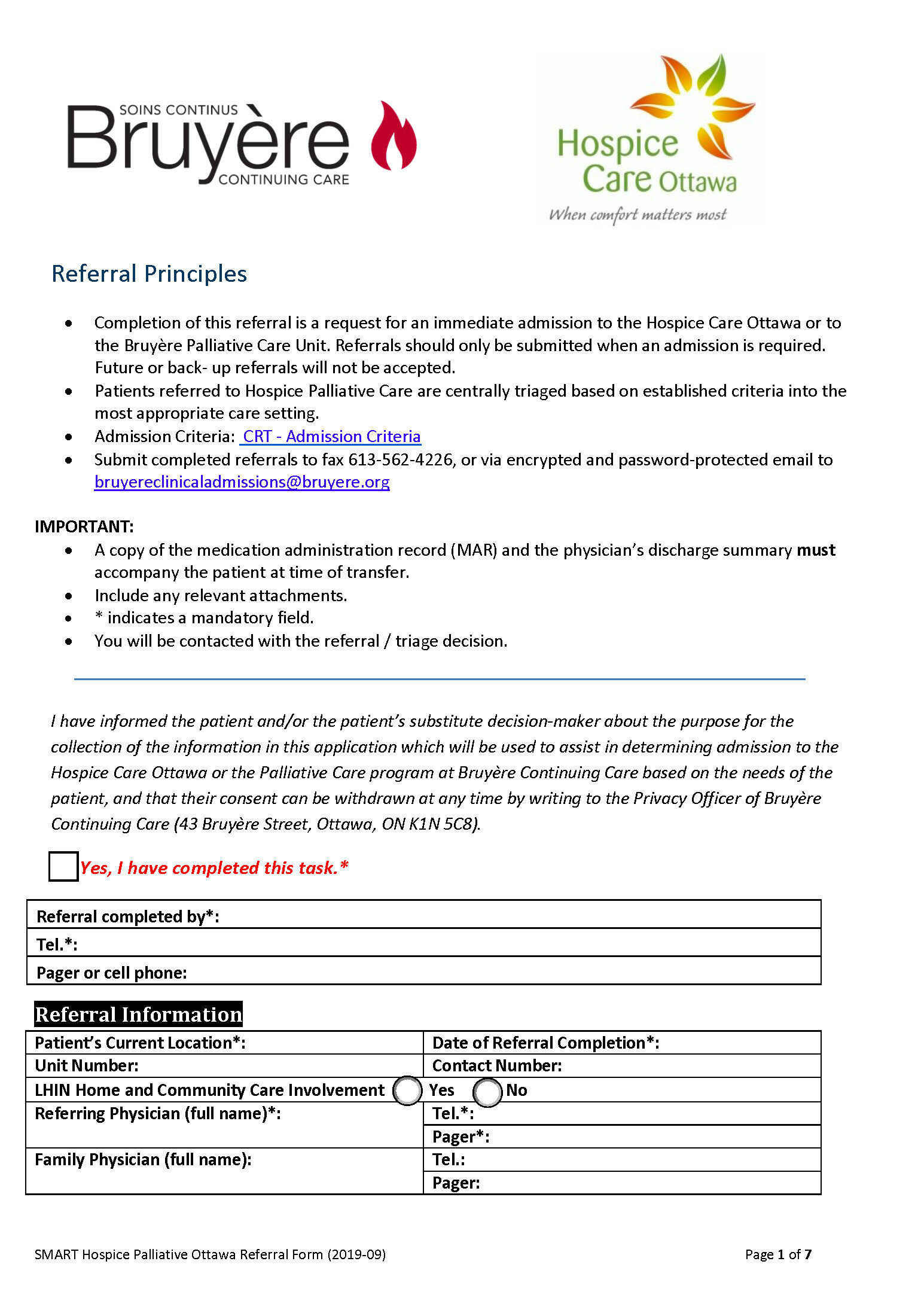 Hospice palliative care admission form